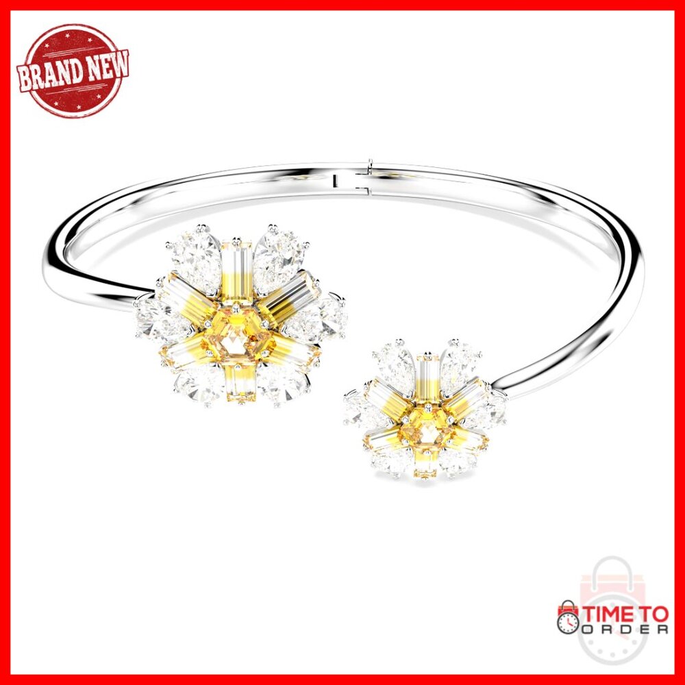 Elegant Flower Motif Bangle Bracelet Rhodium Finish Cubic Zirconia Statement